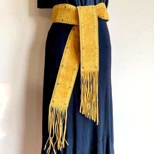 Free People 3” Wide Ochre Suede Blair Fringed Tie Wrap Studded Boho Waist Belt